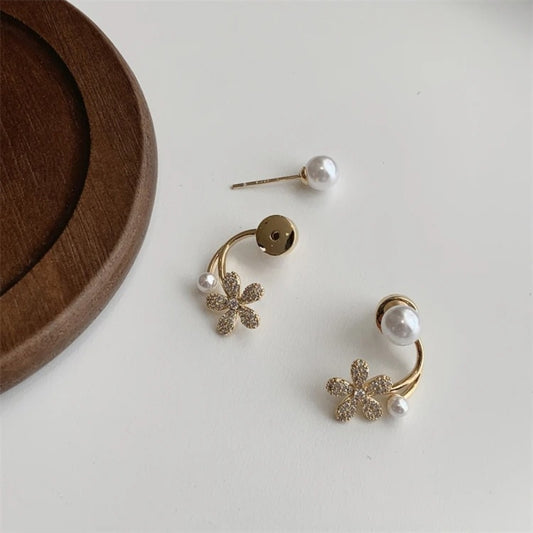 Pearl and Crystal Flower Ear Jacket Earrings