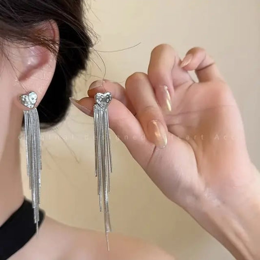 Silver Heart Stud Long Tassel Earrings