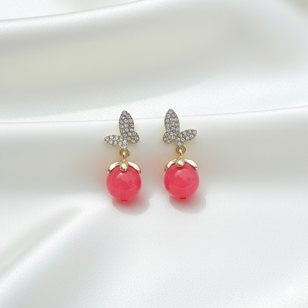 Rhinestone Butterfly Red Bead Drop Earrings