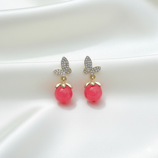 Rhinestone Butterfly Red Bead Drop Earrings
