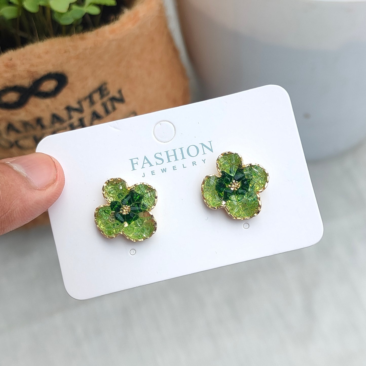Green Enamel Flower Stud Earrings