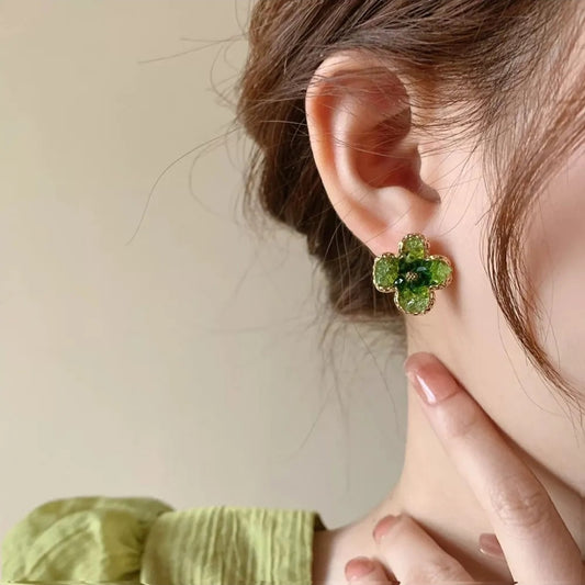 Green Enamel Flower Stud Earrings