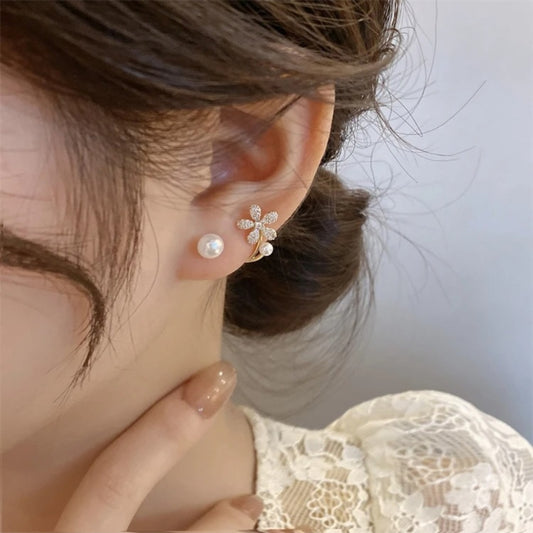 Pearl and Crystal Flower Ear Jacket Earrings