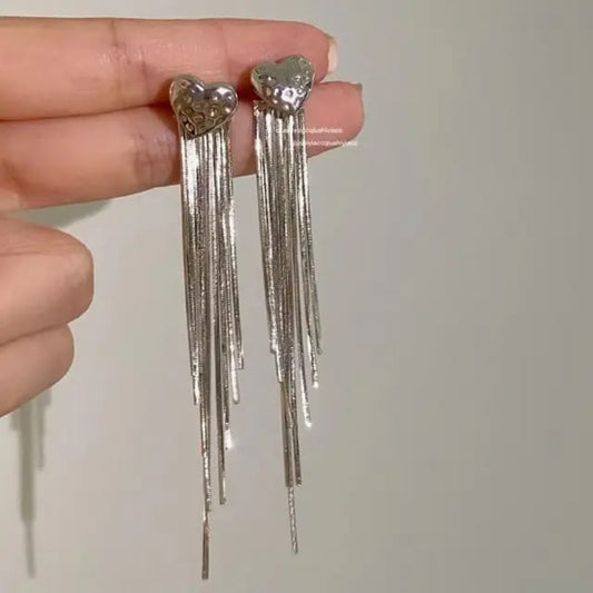 Silver Heart Stud Long Tassel Earrings
